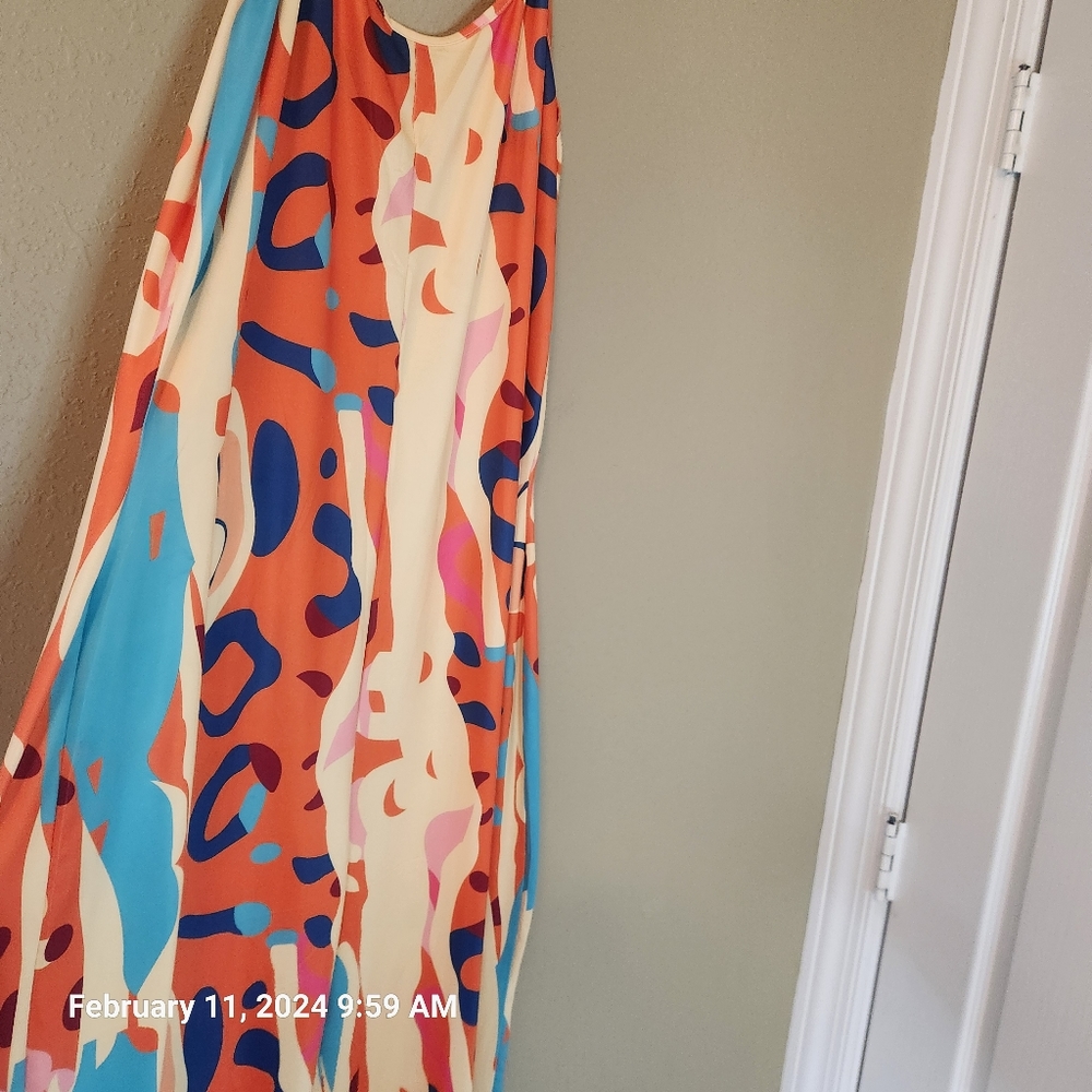 Orange, blue, yellow, and pink jumpsuit. Spaghetti straps. Size Large. - Picture 2 of 8